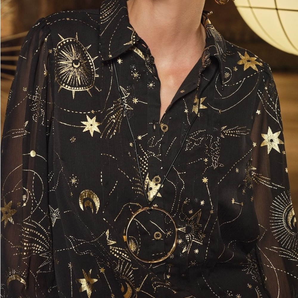 Astrology Women Icone Black and Gold Button Down Shirt size L